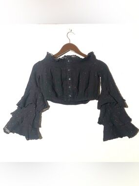 Red Carter Black Sparkle Off The Shoulder Crop Top Tiered Bell Sleeve Size Small